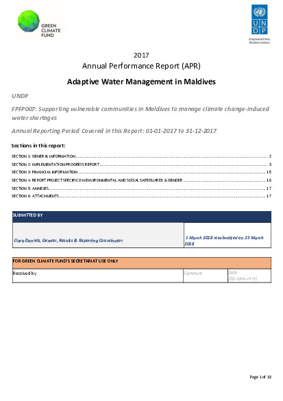 Document cover for 2017 Annual Performance Report for FP007: Supporting vulnerable communities in Maldives to manage climate change-induced water shortages