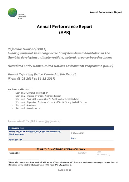 Document cover for 2017 Annual Performance Report for FP011: Large-scale Ecosystem-based Adaptation in The Gambia: developing a climate-resilient, natural resource-based economy