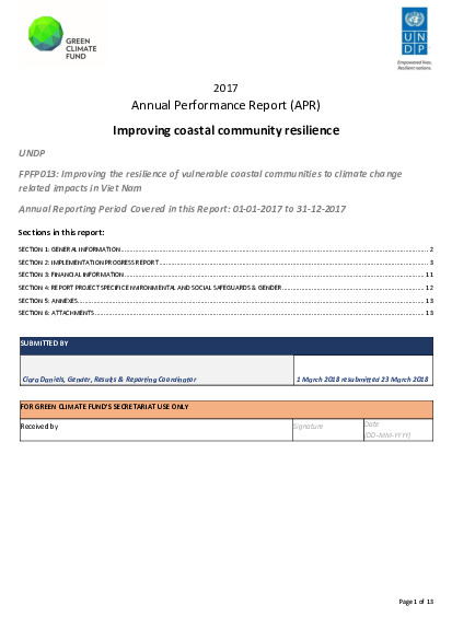 Download 2017 Annual Performance Report for FP013: Improving the resilience of vulnerable coastal communities to climate change related impacts in Viet Nam Document cover for 2017 Annual Performance Report for FP013: Improving the resilience of vulnerable coastal communities to climate change related impacts in Viet Nam