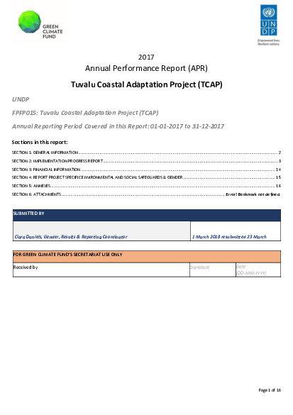 Document cover for 2017 Annual Performance Report for FP015: Tuvalu Coastal Adaptation Project (TCAP)