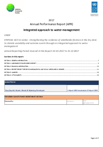 Document cover for 2017 Annual Performance Report for FP016: Strengthening the resilience of smallholder farmers in the Dry Zone to climate variability and extreme events through an integrated approach to water management