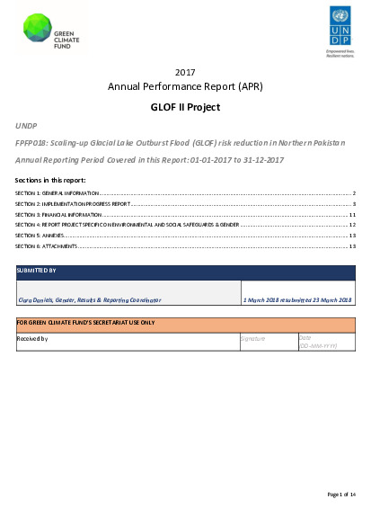 Document cover for 2017 Annual Performance Report for FP018: Scaling-up of Glacial Lake Outburst Flood (GLOF) risk reduction in Northern Pakistan