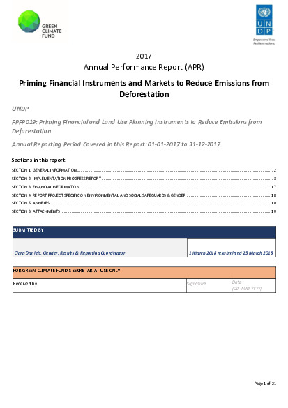 Document cover for 2017 Annual Performance Report for FP019: Priming Financial and Land Use Planning Instruments to Reduce Emissions from Deforestations