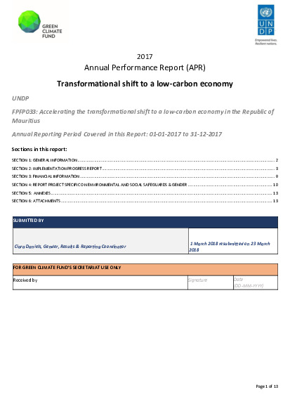 Document cover for 2017 Annual Performance Report for FP033: Accelerating the transformational shift to a low-carbon economy in the Republic of Mauritius