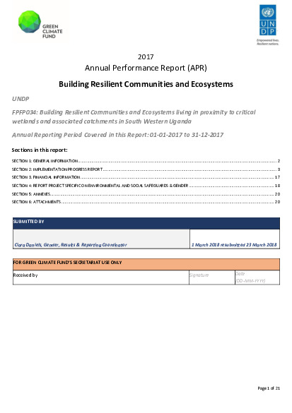 Document cover for 2017 Annual Performance Report for FP034: Building Resilient Communities, Wetland Ecosystems and Associated Catchments in Uganda