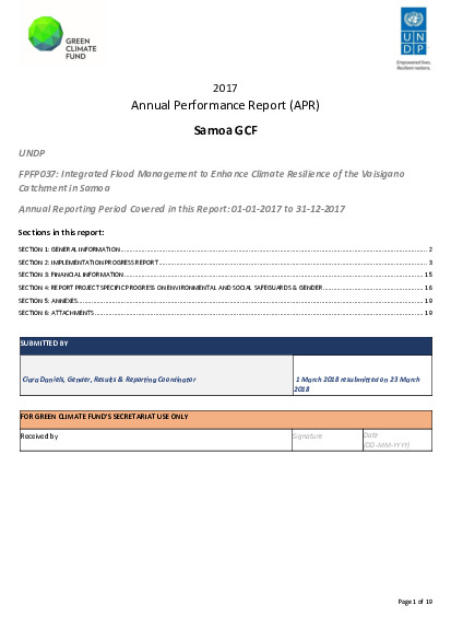 Document cover for 2017 Annual Performance Report for FP037: Integrated Flood Management to Enhance Climate Resilience of the Vaisigano River Catchment in Samoa