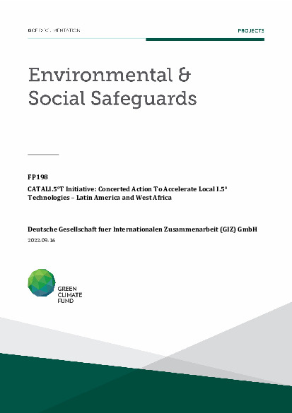 Document cover for Environmental and social safeguards (ESS) report for FP198: CATALI.5°T Initiative: Concerted Action To Accelerate Local I.5° Technologies – Latin America and West Africa