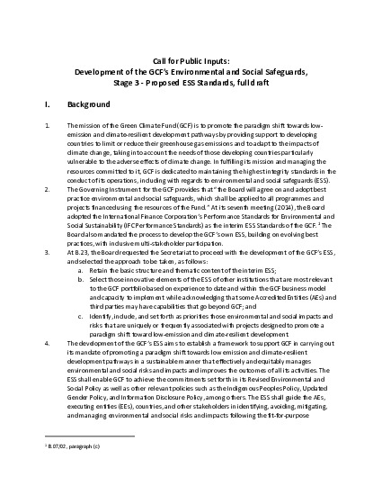 Document cover for Call for Public Inputs: Development of the GCF’s Environmental and Social Safeguards,  Stage 3 - Proposed ESS Standards, full draft