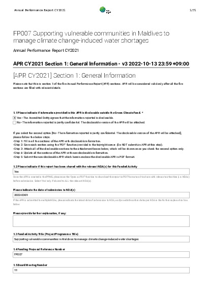 Document cover for 2021 Annual Performance Report for FP007: Supporting vulnerable communities in Maldives to manage climate change-induced water shortages