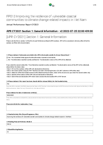 Document cover for  2021 Annual Performance Report for FP013: Improving the resilience of vulnerable coastal communities to climate change related impacts in Viet Nam