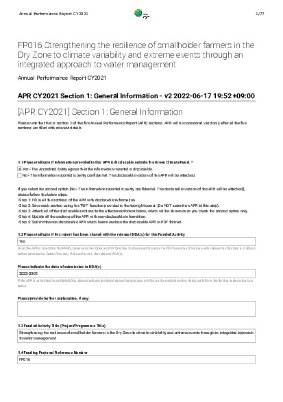 Document cover for  2021 Annual Performance Report for FP016: Strengthening the resilience of smallholder farmers in the Dry Zone to climate variability and extreme events through an integrated approach to water management