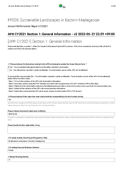 Document cover for 2021 Annual Performance Report for FP026: Sustainable Landscapes in Eastern Madagascar