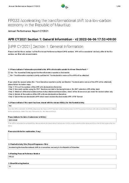 Document cover for 2021 Annual Performance Report for FP033: Accelerating the transformational shift to a low-carbon economy in the Republic of Mauritius