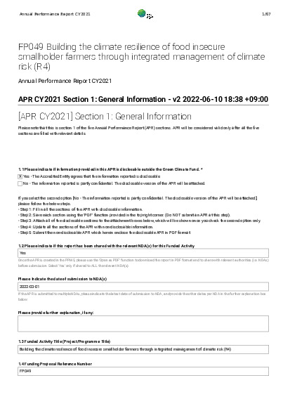 Document cover for 2021 Annual Performance Report for FP049: Building the climate resilience of food insecure smallholder farmers through integrated management of climate risk (R4)