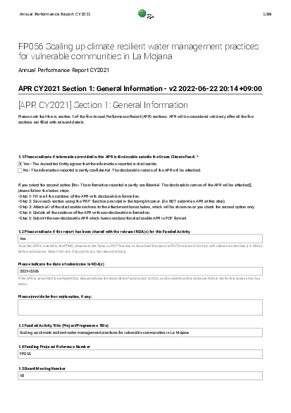 Document cover for 2021 Annual Performance Report for FP056: Scaling up climate resilient water management practices for vulnerable communities in La Mojana