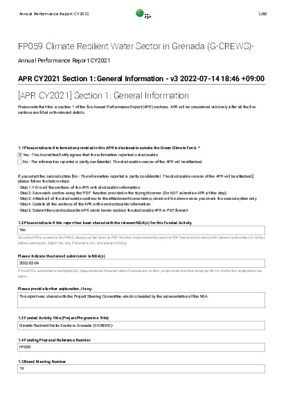 Download 2021 Annual Performance Report for FP059: Climate Resilient Water Sector in Grenada (G-CREWS) Document cover for 2021 Annual Performance Report for FP059: Climate Resilient Water Sector in Grenada (G-CREWS)