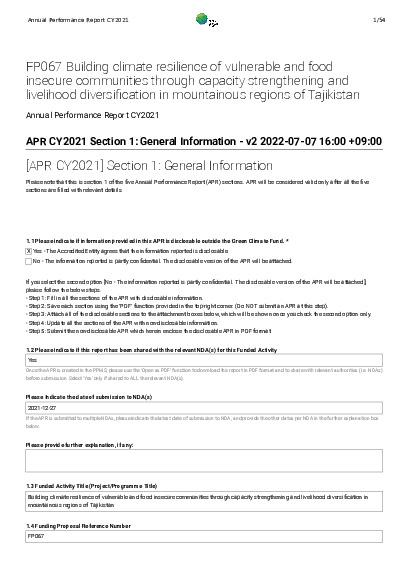 Document cover for 2021 Annual Performance Report for FP067: Building climate resilience of vulnerable and food insecure communities through capacity strengthening and livelihood diversification in mountainous regions of Tajikistan