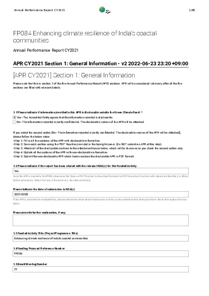Document cover for 2021 Annual Performance Report for FP084: Enhancing climate resilience of India’s coastal communities