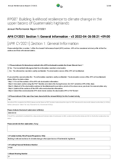 Document cover for 2021 Annual Performance Report for FP087: Building livelihood resilience to climate change in the upper basins of Guatemala’s highlands