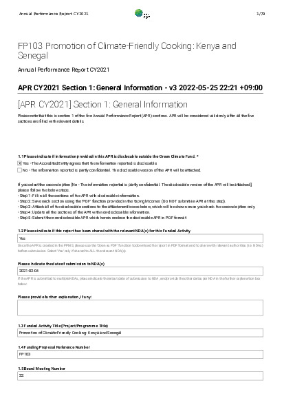 Document cover for 2021 Annual Performance Report for FP103: Promotion of Climate-Friendly Cooking: Kenya and Senegal