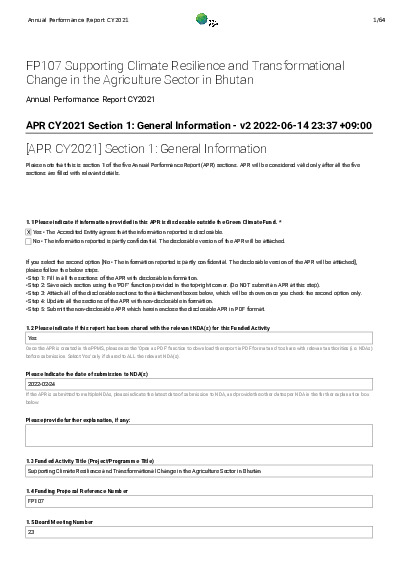 Document cover for 2021 Annual Performance Report for FP107: Supporting Climate Resilience and Transformational Change in the Agriculture Sector in Bhutan