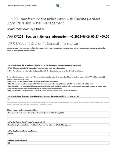 Document cover for 2021 Annual Performance Report for FP108: Transforming the Indus Basin with Climate Resilient Agriculture and Water Management