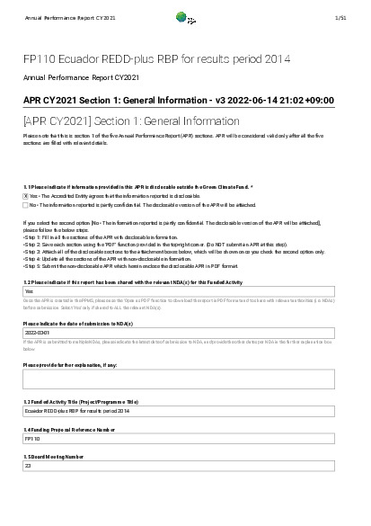 Document cover for 2021 Annual Performance Report for FP110: Ecuador REDD-plus RBP for results period 2014