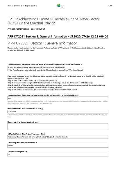 Document cover for 2021 Annual Performance Report for FP112: Addressing Climate Vulnerability in the Water Sector (ACWA) in the Marshall Islands