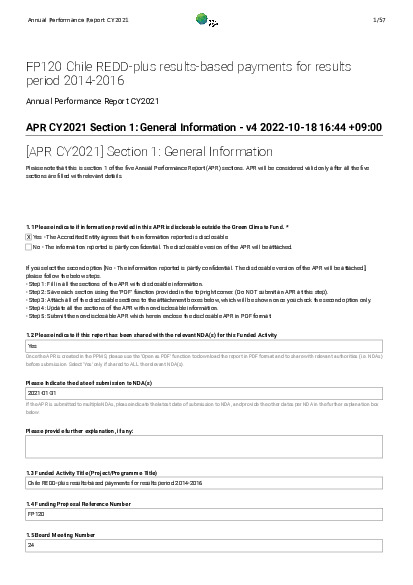 Document cover for 2021 Annual Performance Report for FP120: Chile REDD-plus results-based payments for results period 2014-2016