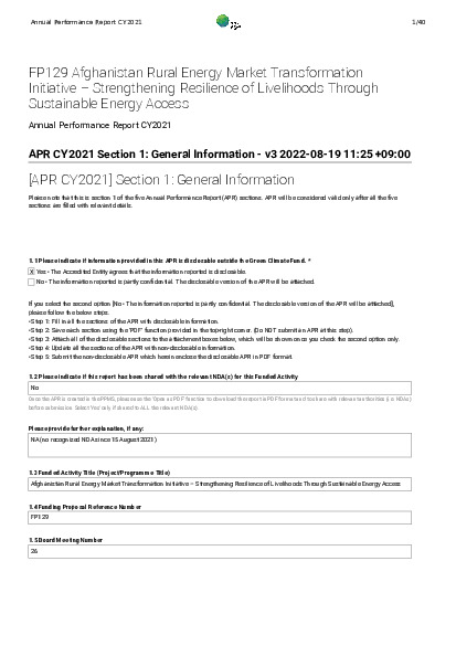 Document cover for 2021 Annual Performance Report for FP129: Afghanistan Rural Energy Market Transformation Initiative – Strengthening Resilience of Livelihoods Through Sustainable Energy Access