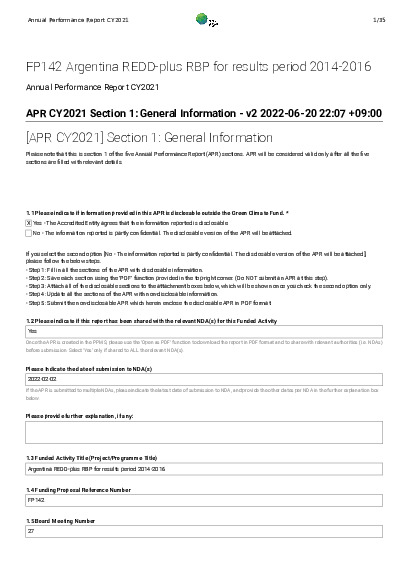 Document cover for 2021 Annual Performance Report for FP142: Argentina REDD-plus RBP for results period 2014-2016