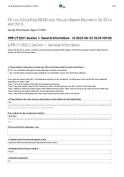 Document cover for 2021 Annual Performance Report for FP144: Costa Rica REDD-plus Results-Based Payments for 2014 and 2015