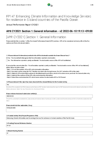 Document cover for 2021 Annual Performance Report for FP147: Enhancing Climate Information and Knowledge Services for resilience in 5 island countries of the Pacific Ocean