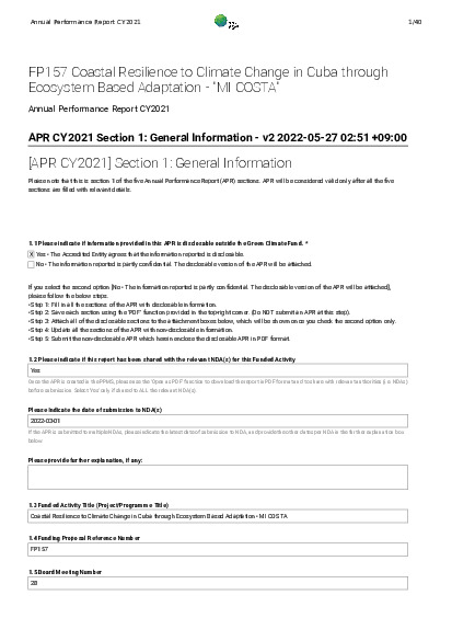Document cover for 2021 Annual Performance Report for FP157: Coastal Resilience to Climate Change in Cuba through Ecosystem Based Adaptation - "MI COSTA"