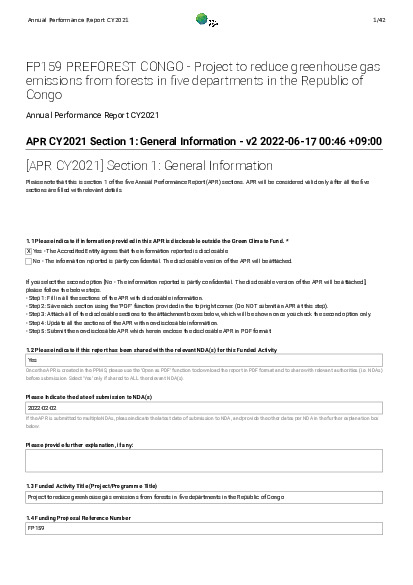 Document cover for 2021 Annual Performance Report for FP159: PREFOREST CONGO - Project to reduce greenhouse gas emissions from forests in five departments in the Republic of Congo