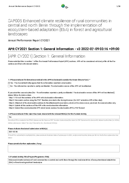 Document cover for 2021 Annual Performance Report for SAP005: Enhanced climate resilience of rural communities in central and north Benin through the implementation of ecosystem-based adaptation (EbA) in forest and agricultural landscapes