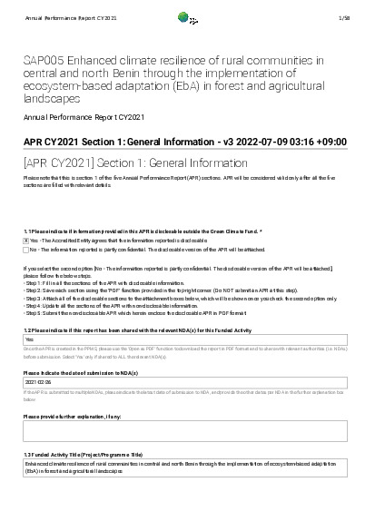 Download 2021 Annual Performance Report for SAP005: Enhanced climate resilience of rural communities in central and north Benin through the implementation of ecosystem-based adaptation (EbA) in forest and agricultural landscapes Document cover for 2021 Annual Performance Report for SAP005: Enhanced climate resilience of rural communities in central and north Benin through the implementation of ecosystem-based adaptation (EbA) in forest and agricultural landscapes