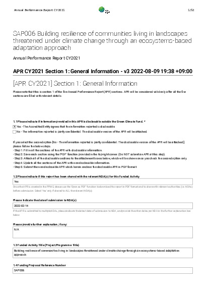 Document cover for 2021 Annual Performance Report for SAP006: Building resilience of communities living in landscapes threatened under climate change through an ecosystems-based adaptation approach