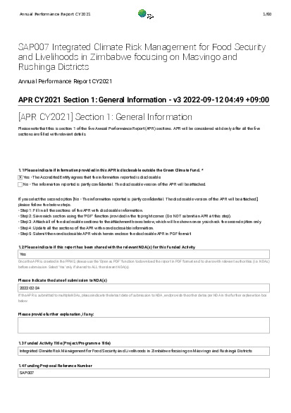 Document cover for 2021 Annual Performance Report for SAP007: Integrated Climate Risk Management for Food Security and Livelihoods in Zimbabwe focusing on Masvingo and Rushinga Districts