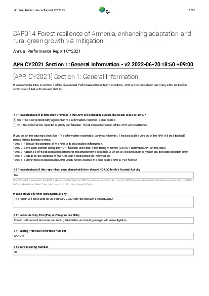 Document cover for 2021 Annual Performance Report for SAP014: Forest resilience of Armenia, enhancing adaptation and rural green growth via mitigation