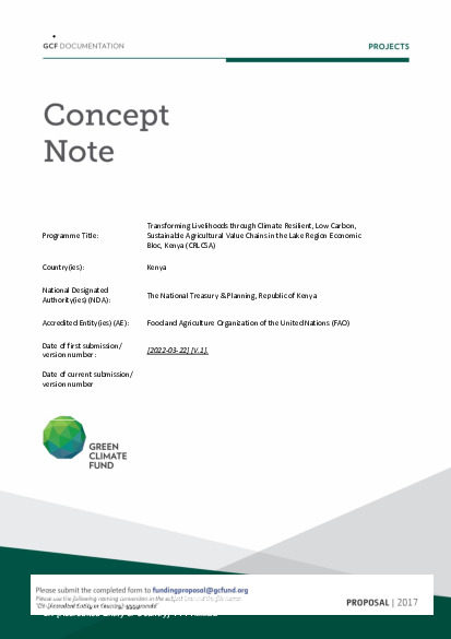 Document cover for Transforming Livelihoods through Climate Resilient, Low Carbon, Sustainable Agricultural Value Chains in the Lake Region Economic Bloc, Kenya (CRLCSA)