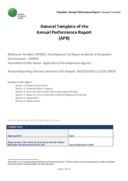 Document cover for 2018 Annual Performance Report for FP022: Development of arganiculture orchards in degraded environment (DARED)