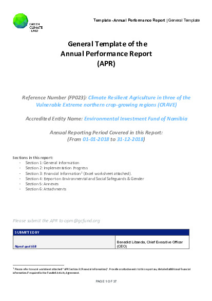 Document cover for 2018 Annual Performance Report for FP023: Climate Resilient Agriculture in three of the Vulnerable Extreme northern crop growing regions (CRAVE)