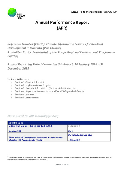Document cover for 2018 Annual Performance Report for FP035: Climate Information Services for Resilient Development Planning in Vanuatu (Van-CIS-RDP)
