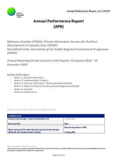 Download 2018 Annual Performance Report for FP035: Climate Information Services for Resilient Development Planning in Vanuatu (Van-CIS-RDP) Document cover for 2018 Annual Performance Report for FP035: Climate Information Services for Resilient Development Planning in Vanuatu (Van-CIS-RDP)