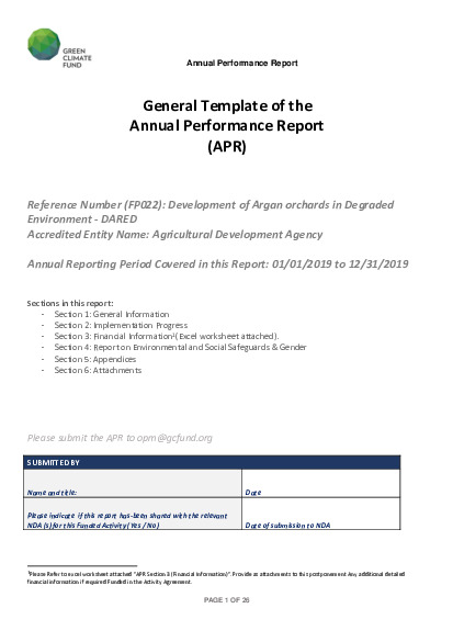 Document cover for 2019 Annual Performance Report for FP022: Development of arganiculture orchards in degraded environment (DARED)