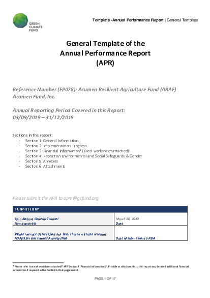 Document cover for 2019 Annual Performance Report for FP078: Acumen Resilient Agriculture Fund (ARAF)