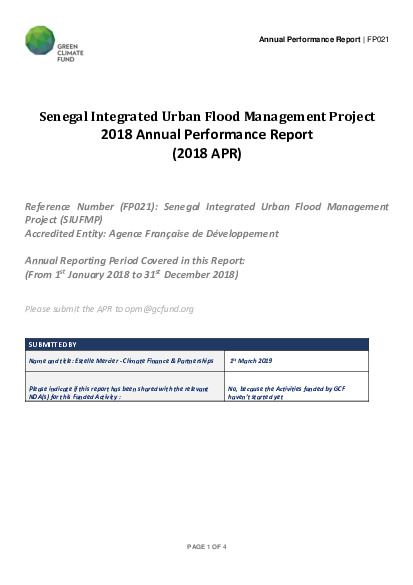 Document cover for 2018 Annual Performance Report for FP021: Senegal Integrated Urban Flood Management Project (SIUFMP)