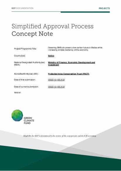 Document cover for Greening SMEs to power a low carbon future in Belize while increasing climate resiliency of the economy