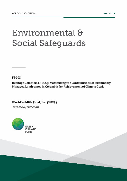 Document cover for Environmental and social safeguards (ESS) report for FP203: Heritage Colombia (HECO): Maximizing the Contributions of Sustainably Managed Landscapes in Colombia for Achievement of Climate Goals